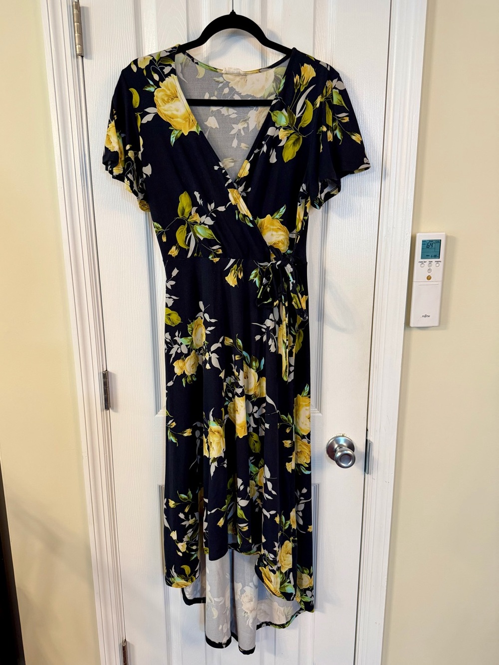 Before You Collection Navy Yellow Floral Faux Wrap Midi Dress Size Medium